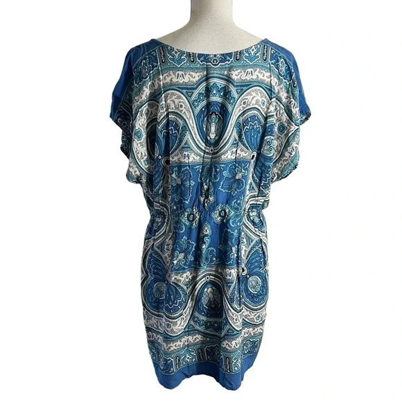 Unique Spectrum Tunic  Blouse 2X Kaleidoscope Paisley Floral Blue White V Neck - Picture 3 of 6